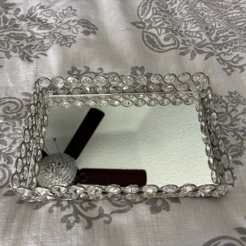 Crystal Accent Mirrored Vanity Tray - Silver
